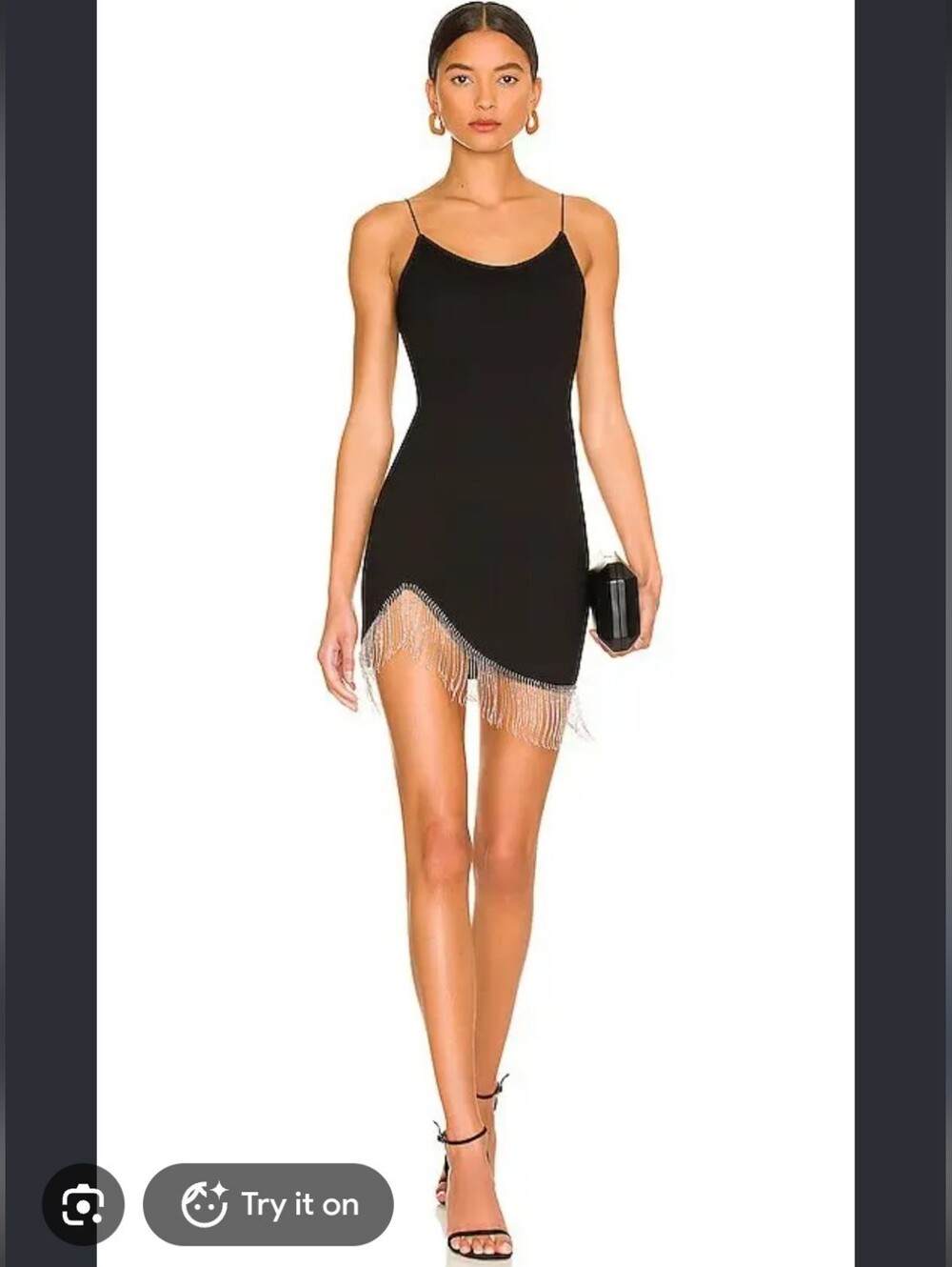Super Down Elaine Black Fringe Hem Spaghetti Strap Mini Dress